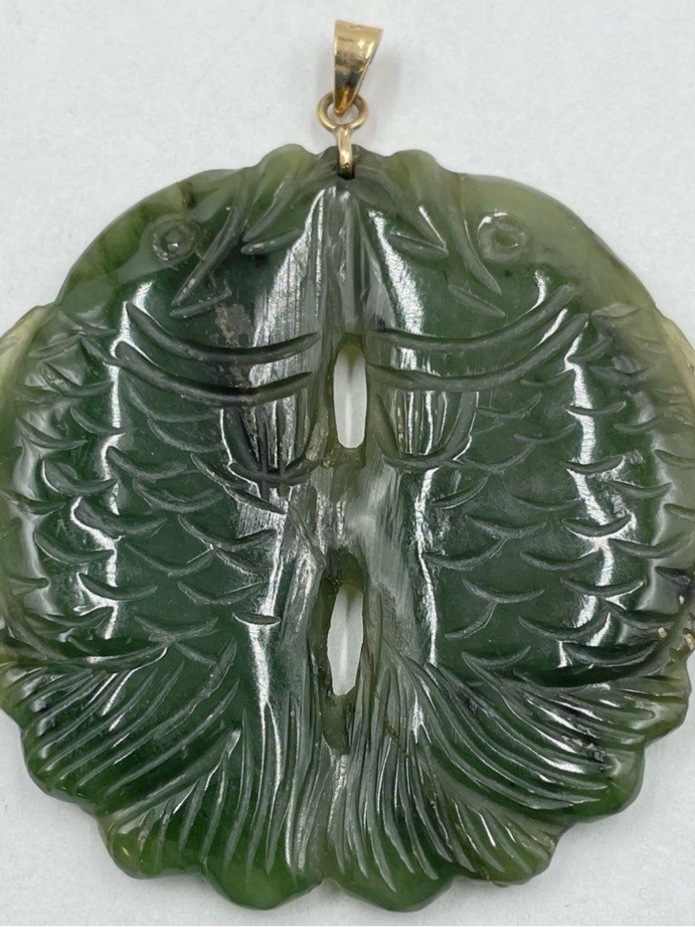 14k Yellow Gold and Jade Carved Fish Pendant